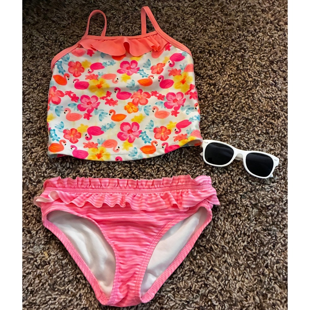 Healthtex Swimsuit Flamingo Print Top & Pink & White Striped Bottoms 3t